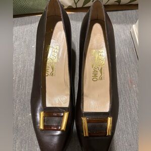 Vintage Salvatore Ferragamo Dark Brown Leather Heels with Buckle